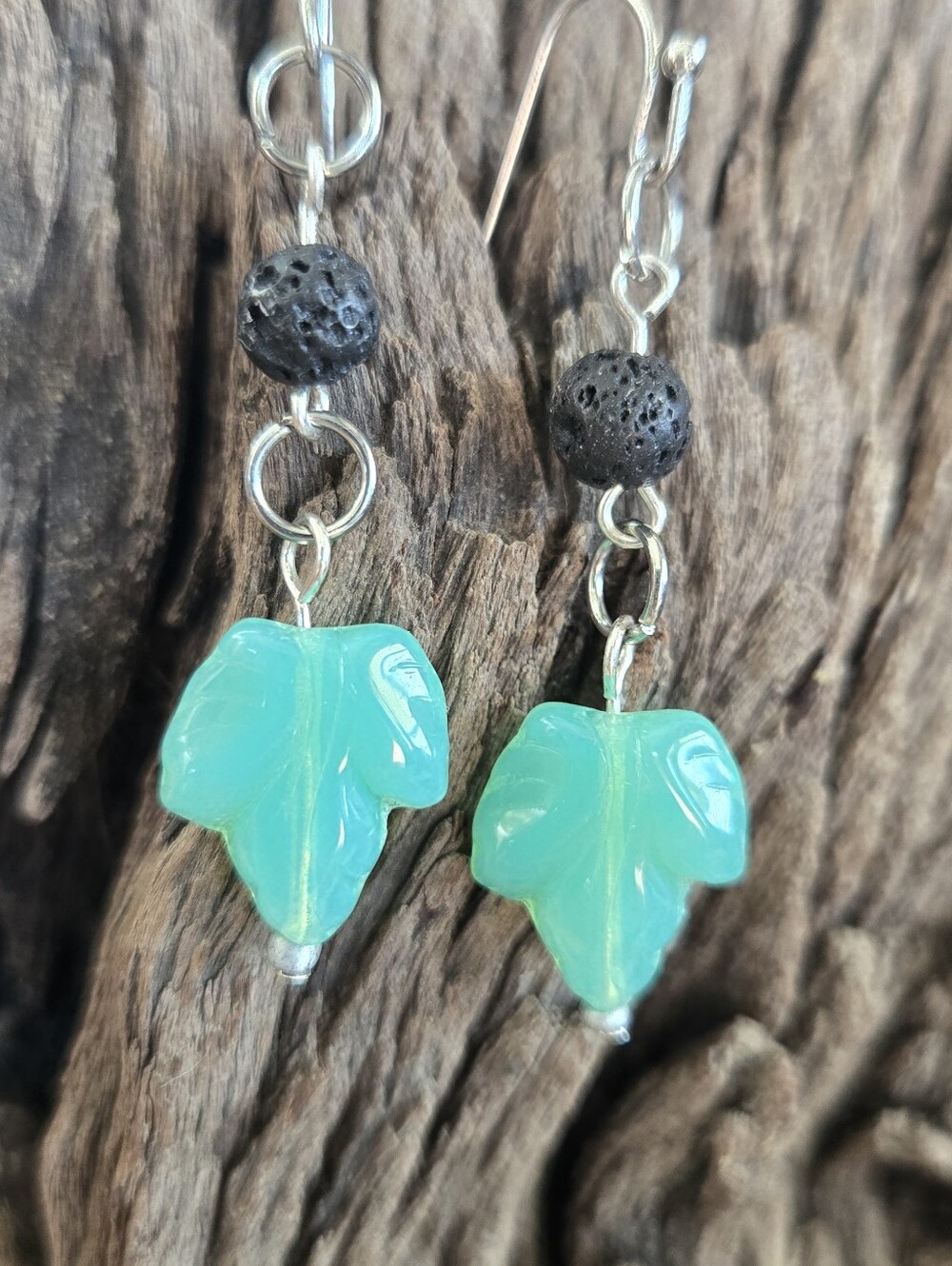 Teal Glass Leaf & Black Lava Aromatherapy Earrings Silver Tone 2"